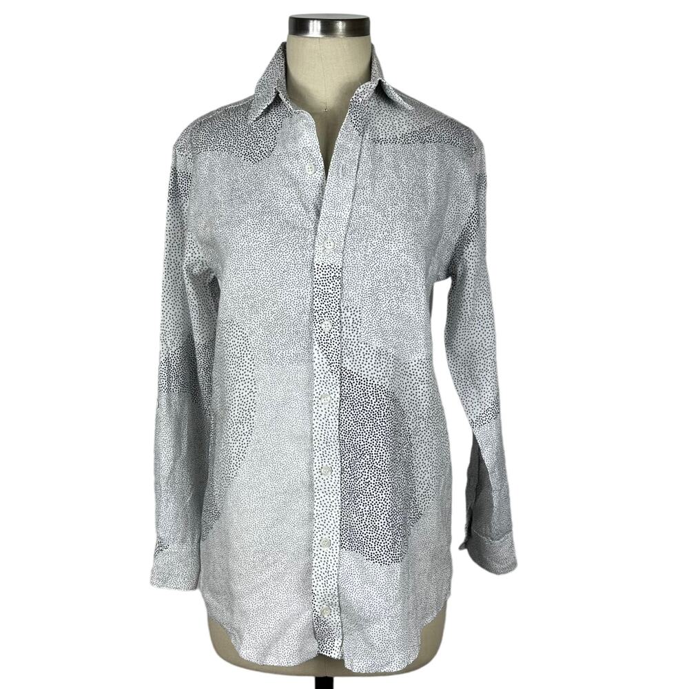 EMILY PHILLIPS White Gray Dotted Pattern Button Down Linen Blouse Women's Size 3